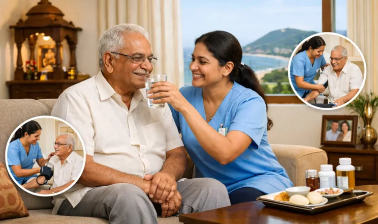 Elderly senior receiving home care support in Visakhapatnam with caregiver helping at home for safe and independent living
