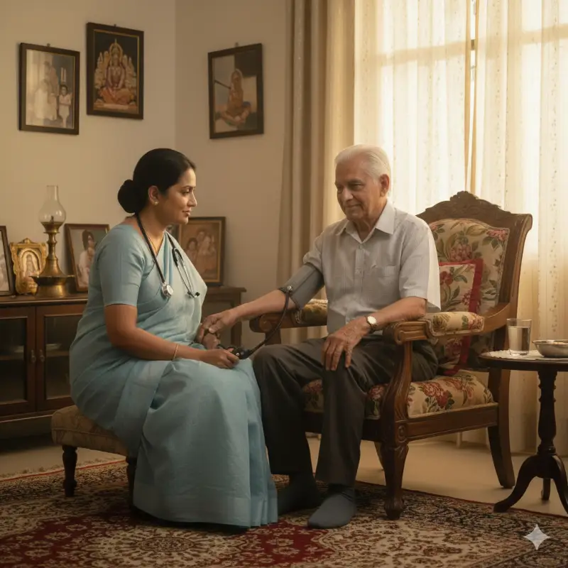 Elderly care service in Visakhapatnam with caregiver assisting senior citizen at home